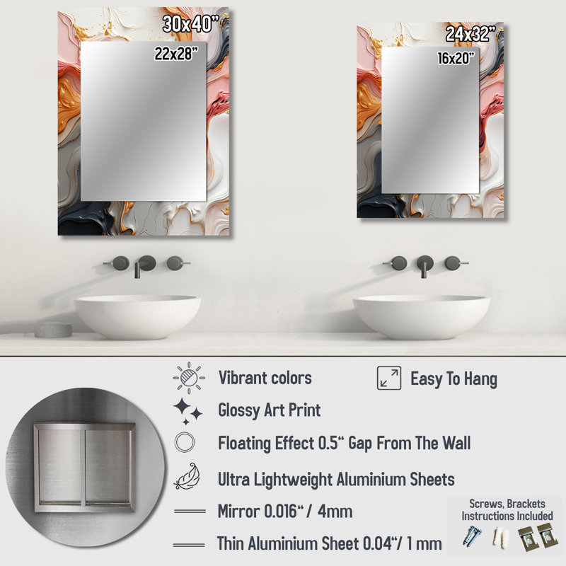 Liquid Art In Motion In Gold Pink Black And Blue I - Abstract Shapes Unique Wall Mirror, Gold Mirror, Printed Metal Art