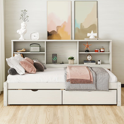 Structure de lit simple en bois naturel - avec tablettes latérales, 2 tiroirs de rangement, ports USB / Type-C intégrés, aucun sommier nécessaire