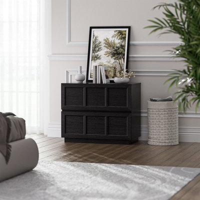 Modern Classic Nightstand with 2 Drawers, Bedside Table in Black Colour Finish, Side Table with Deep Storage, End Table Sturdy Accent Furniture for Living Room Bedroom