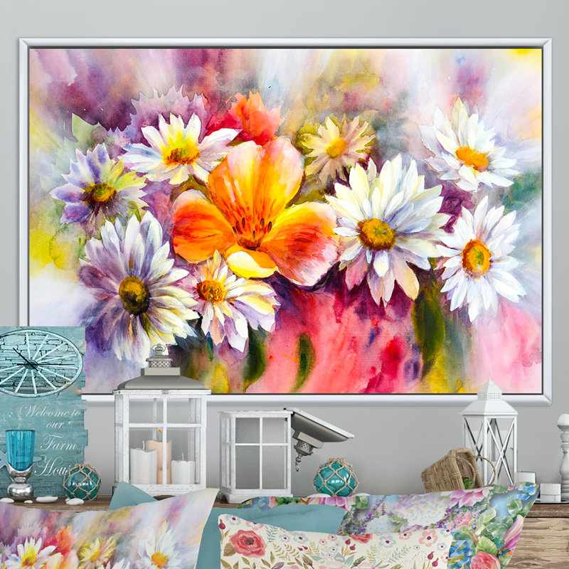 «Bright Bouquet Of Spring Flowers II», reproduction sur toile, H 16 po x l 32 po x P 1 po, Cadre flottant blanc