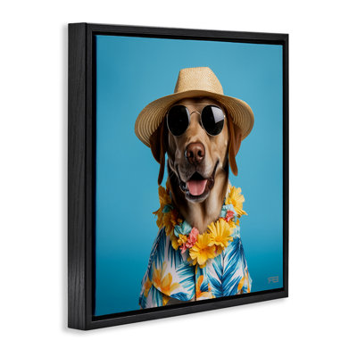 Dog with Aloha Shirt Framed Floater Canvas Wall Art by Roozbeh Bahramali