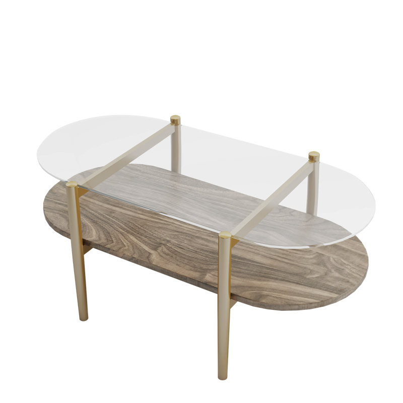 Table basse ovale en verre, de conception moderne Mid-Century, L 41 x l 21 x H 17 po, pour le salon, structure à 2 niveaux, plateau en verre transparent et tablette en bois au fini noyer, pieds coniques avec cadre à finition dorée