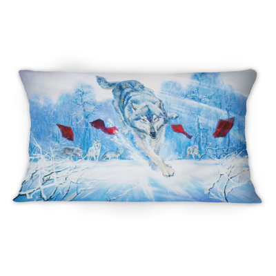 Coussin décoratif imprimé loup sautant dans un paysage d'hiver bleu