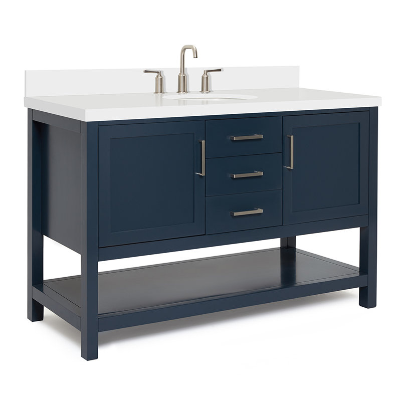 55'' Single Bathroom Vanity with White Quartz Top, Midnight Blue
