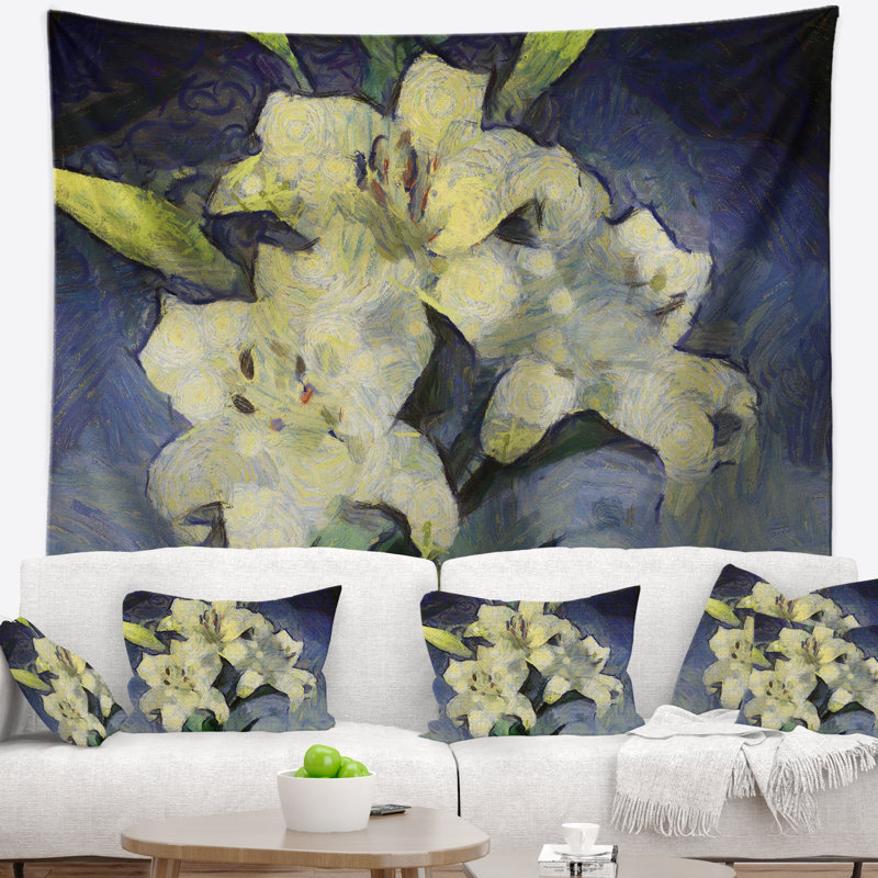 Lys blancs sur tapisserie aquarelle bleue, H 32 po x l 39 po