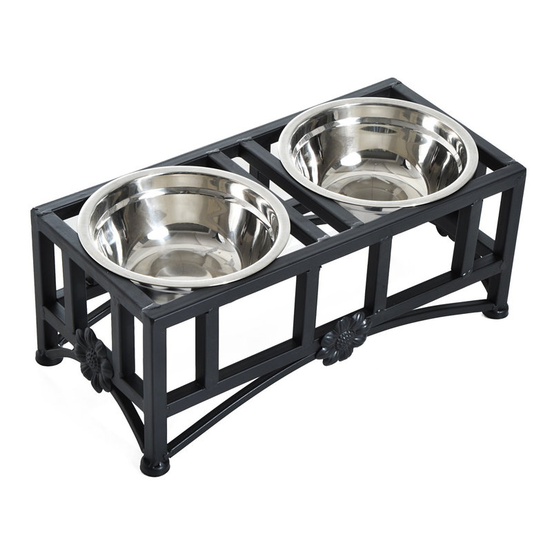 Elevated Double Stainless Steel Pet Feeding Station with Iron Frame