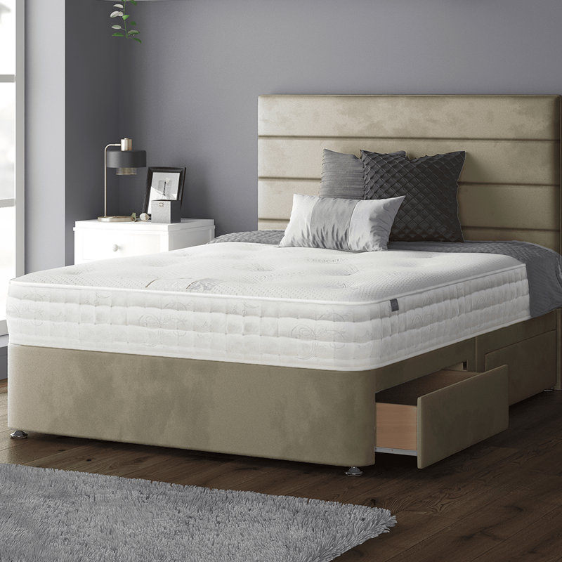 Kiara Stripped Floor Standing Headboard with Divan Base Plush Velvet and Metal Feet, Small Double (4'), Coffee, 4 Drawers