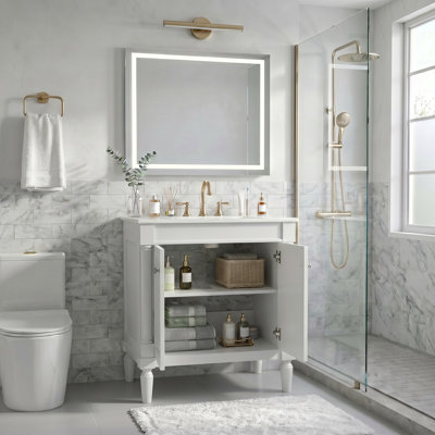 Meuble-lavabo de luxe 30 po avec lavabo en céramique, portes à fermeture douce et pieds en bois massif