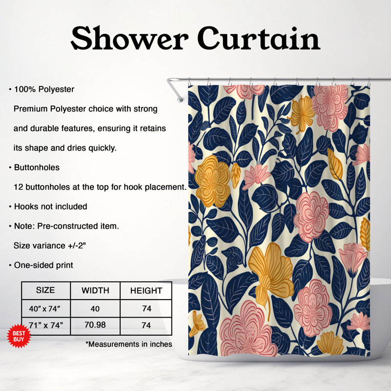 Rideau de douche 1 pièce Wildflower Swirls, H 74 po x l 71 po
