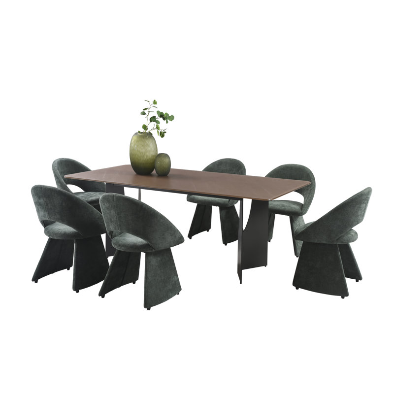 Ensemble de salle à manger moderne 7 pièces avec plateau en verre trempé et chaises rembourrées Arechiga, Brun, Vert