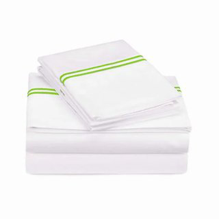 400TC Double Embroidery Sateen Solid Cotton 4 Piece Sheet Set Fitted Sheet Fits Upto 16" Deep Pocket, Queen Sheet Set