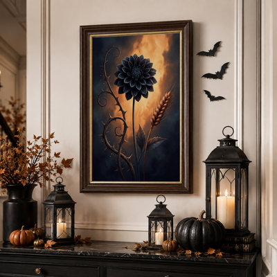Tableau sur toile d'Halloween représentant un dahlia bleu foncé et une tige de blé épineuse