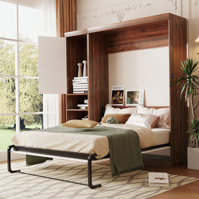 Full Size Murphy Bed Wall Bed with Cabinet,White