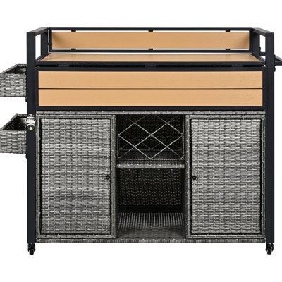 Grey Outdoor Grill Cart With Lockable Wheels, Steel Structure, Extended Table, Foldable Design, Multiple Storage Spaces, Wine Bottle Holder Exterior, - Wood Tabletop, Spice , Glass Holder,