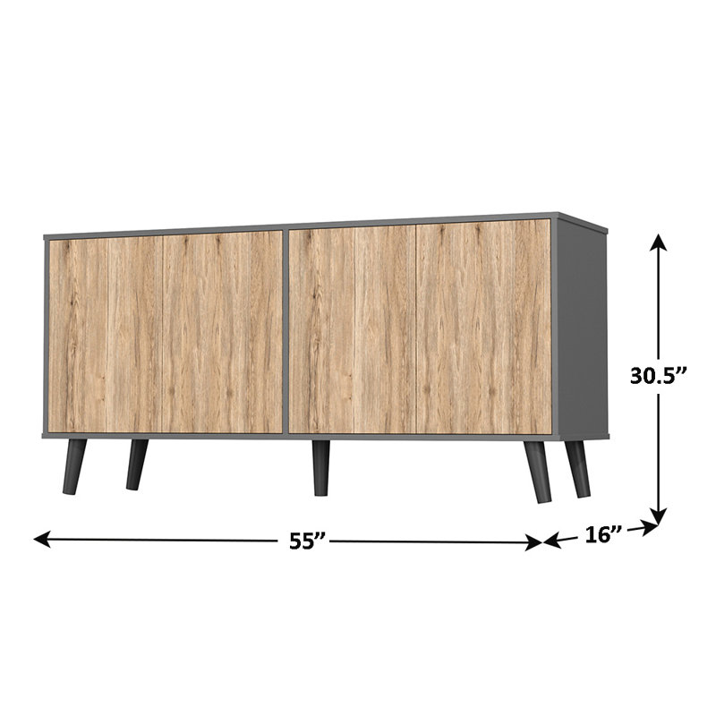 Buffet avec rangement Caplinger, armoires de rangement 55 po avec 4 portes, Gris foncé / chêne naturel