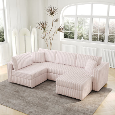 Modern Sofa106.3" Soft  U-Shaped 4-Person Sofa. Matches 30.7" Ottoman With Hydraulic Lift. Comtable & Stylish. For  & .  Pink. Furniture. Modular Design.
