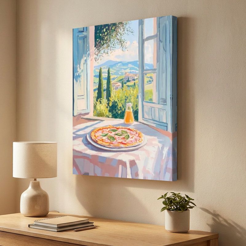 "Pizza sur une table avec vue sur les collines", impression sur toile de style impressionniste. Peinture moderne, galerie profonde de 1 po, 24 po x 36 po