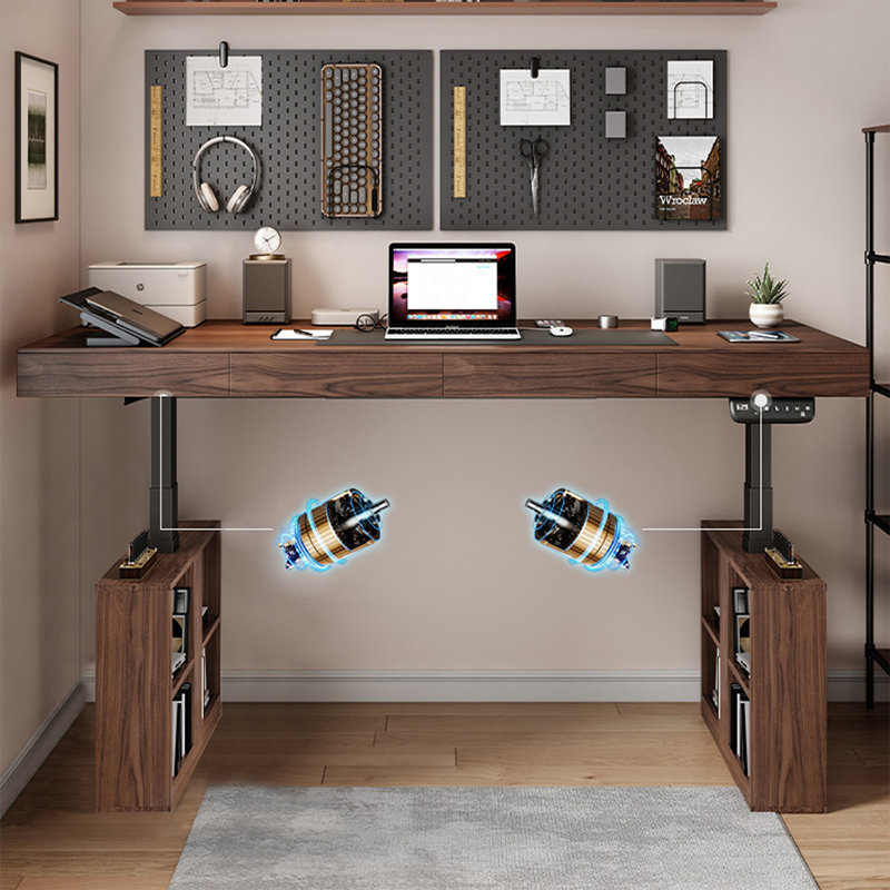 Bureau debout avec tiroirs en bois manufacturé noir et noyer, H 53,15 po x l 78,74 po x P 31,5 po