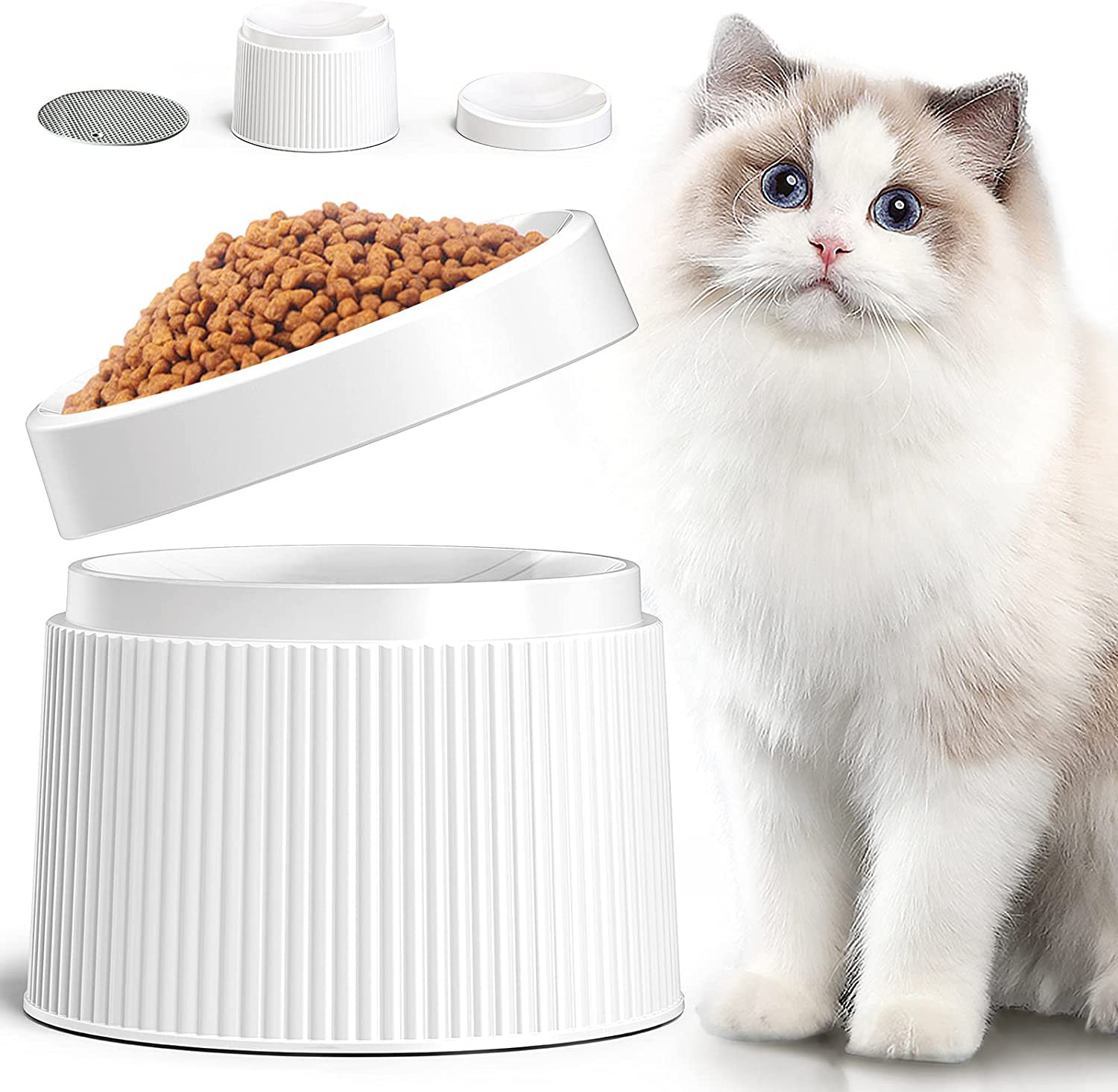 Elevated Cat Food Bowls, Ceramics Dog Cat Water Bowls Stand with No-Spill  Design,3 Adjustable Heights Anti Vomiting cat Bowl,5 inches Ceramic Bowl  for Medium and Small Size Dog Cats White