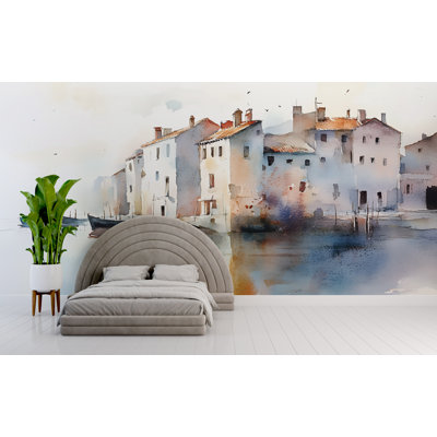 Papier peint à l'aquarelle European Harbor Town - Scène de village côtier italien