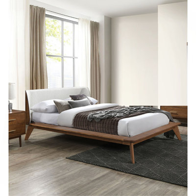 Noyer / beige couleur lit 1pc tissu bord ailé tête de lit plateforme de lit prêt pour le matelas style Mid-Century moderne