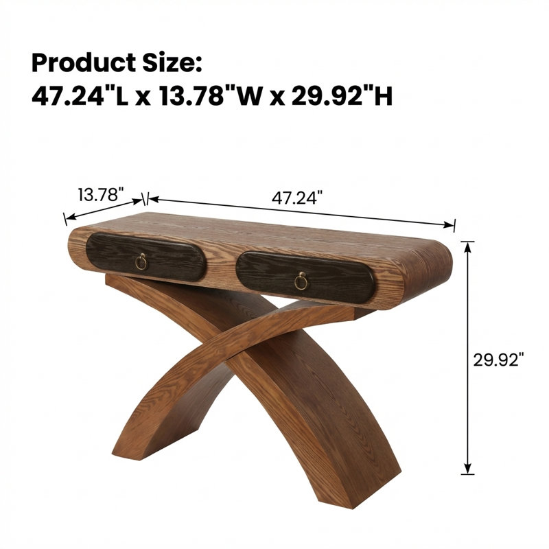 Console moderne avec pieds croisés et deux tiroirs pratiques