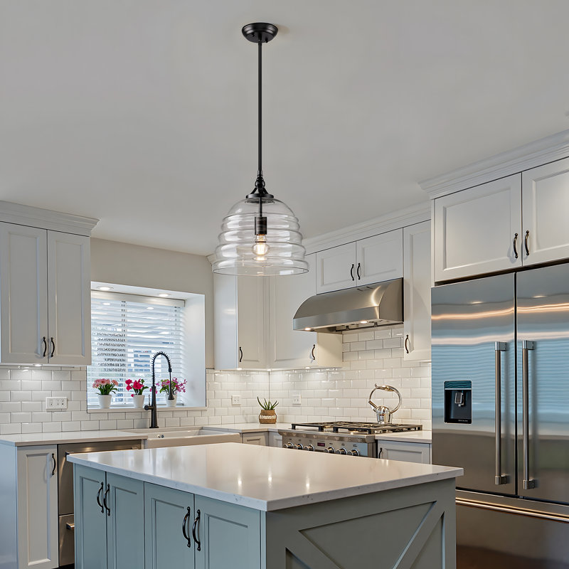 12 in 1-Light Modern Adjustable Hanging Single Pendant Light Fixture with Clear Ribbed Glass Dome Shade, Matte Black