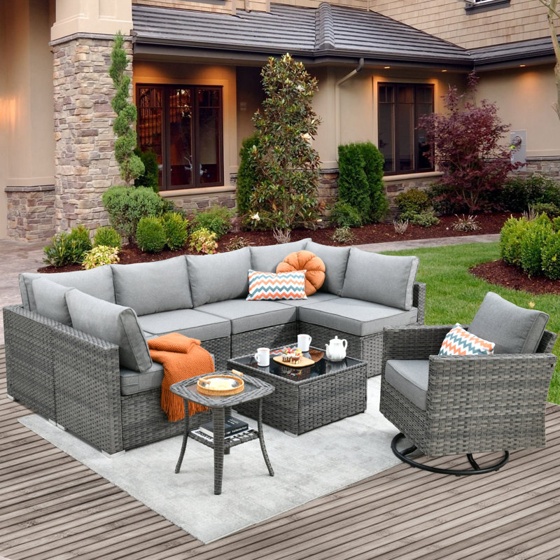 Chappotin Wicker 7 - Person Modular Patio Conversation Set with Cushions, Light Gray