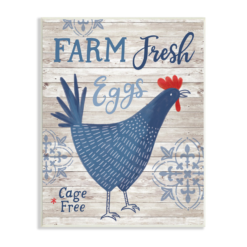 «Farm Fresh Eggs Blue Rustic Chicked Planked», art mural sur plaque par Nina Seven, H 15 po x l 10 po x P 0,5 po