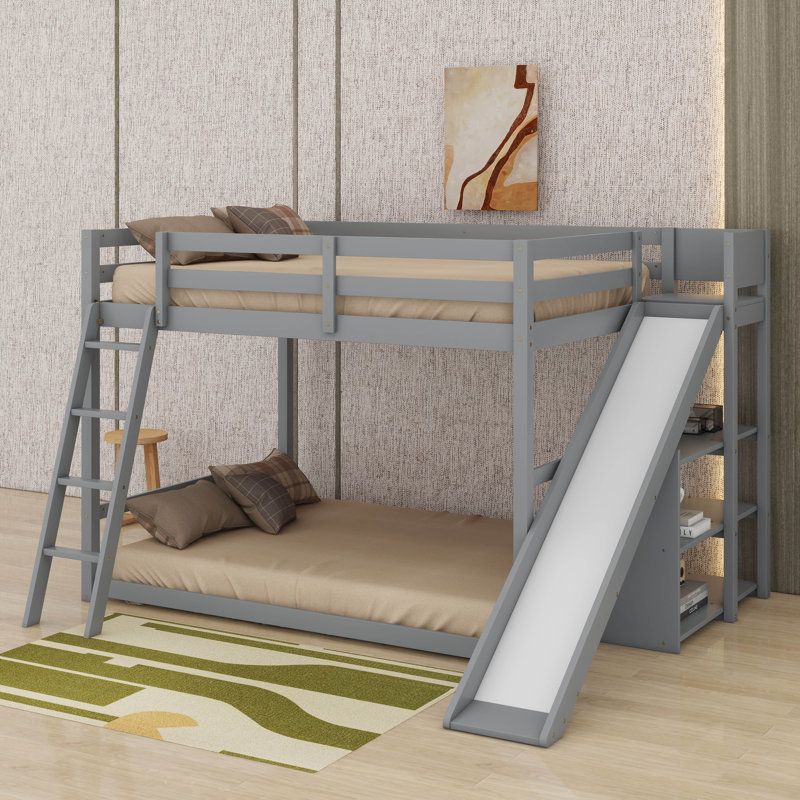 Lit superposé double sur double avec glissière et tablettes, gris