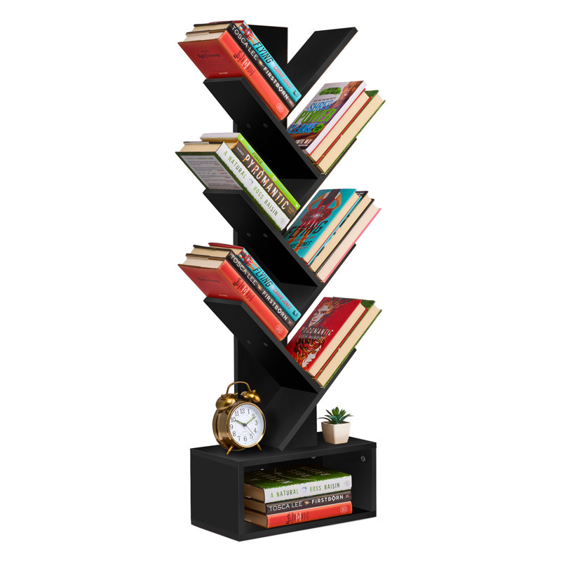 Sorbus 44.25"H x 15"W Tree 7 Tier Bookshelf with Storage Shelf, Cable Access, and Non-Slip Pads, Black, Black