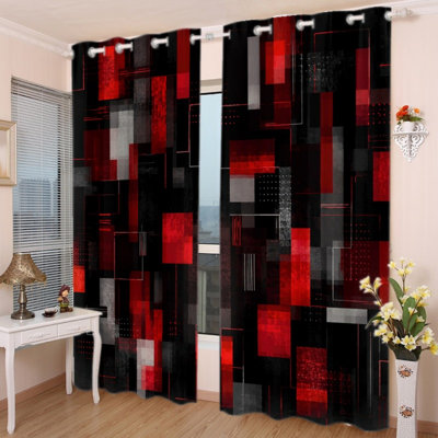 2 pièces de rideaux occultants avec œillets, tissu en polyester imprimé à motif géométrique abstrait rouge, noir et gris, isolant thermique, isolant, isolant et isolant