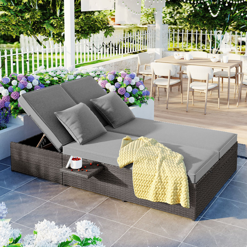 Outdoor Double Sunbed, Wicker Rattan Patio Reclining Chairs With Adjustable Backrest And Seat, Conversational Set For 2 Person, Patio Furniture
