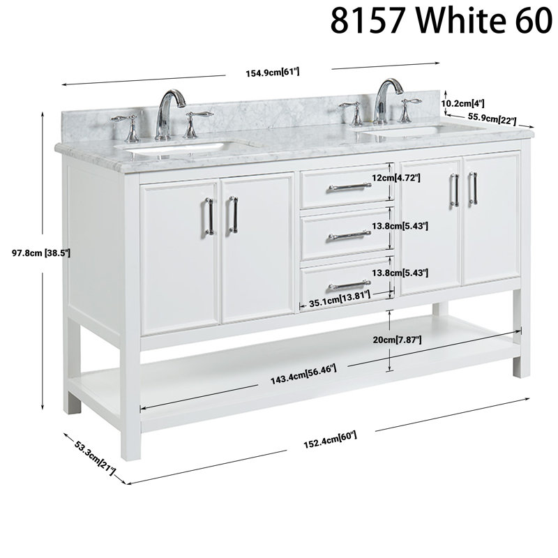 Meuble-lavabo double 60 po avec plateau en marbre Paulene, Blanc doux, White/Grey
