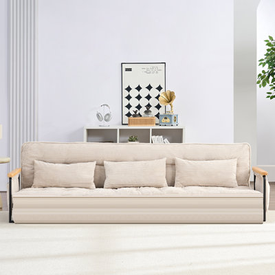 3-in-1 Convertible Sofa Bed & Recliner - Now with Sturdy Wooden Arms! 6-Position Adjustable Backrest (90°-180°), 86.6" Wide Tufted Fabric Sectional with Side Pockets, Multi-functional Chaise Lounge