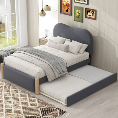Lit plateforme simple tapissier avec pieds de support en bois et lit gigogne simple