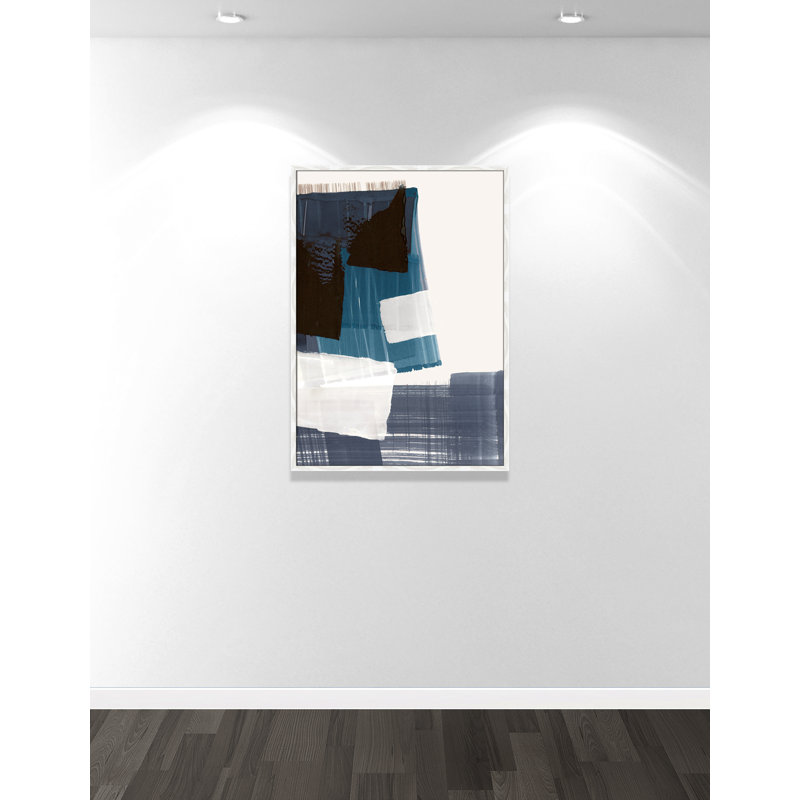 Harmonie géométrique en bleu et noir par PI Studio, Grain de bois blanc, 29.5'' W x 41.5'' H, Impression encadrée