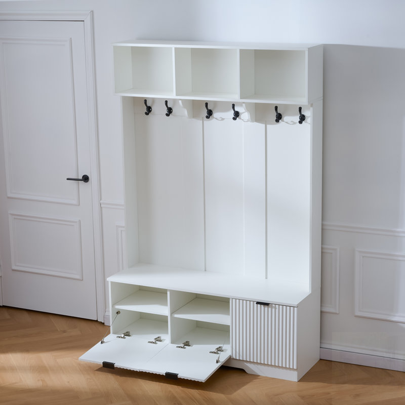 5-In-1 Hall Tree With Bench, Shoe Storage, And Open Cabinets, High Gloss Fluted Doors For Elegant Entryway Organization