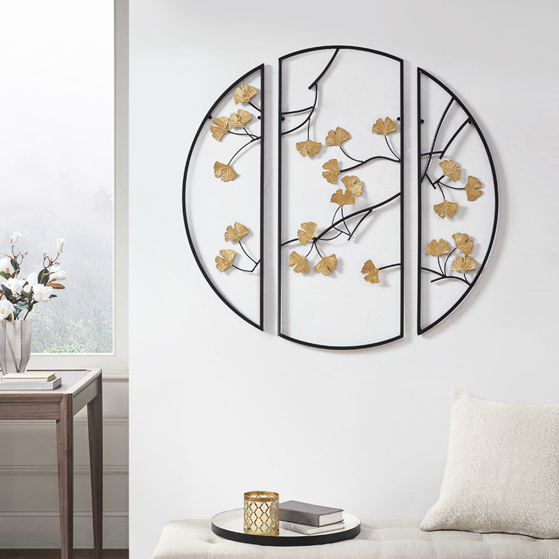 3 Metal Wall Decor With Intriguing Gold Ginkgo Leaves In Black Captivating Design
