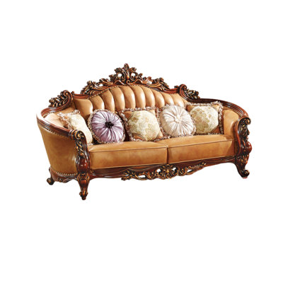 European Style Solid Wood Carved Luxury Sofa 96.46'' Leather Sofa