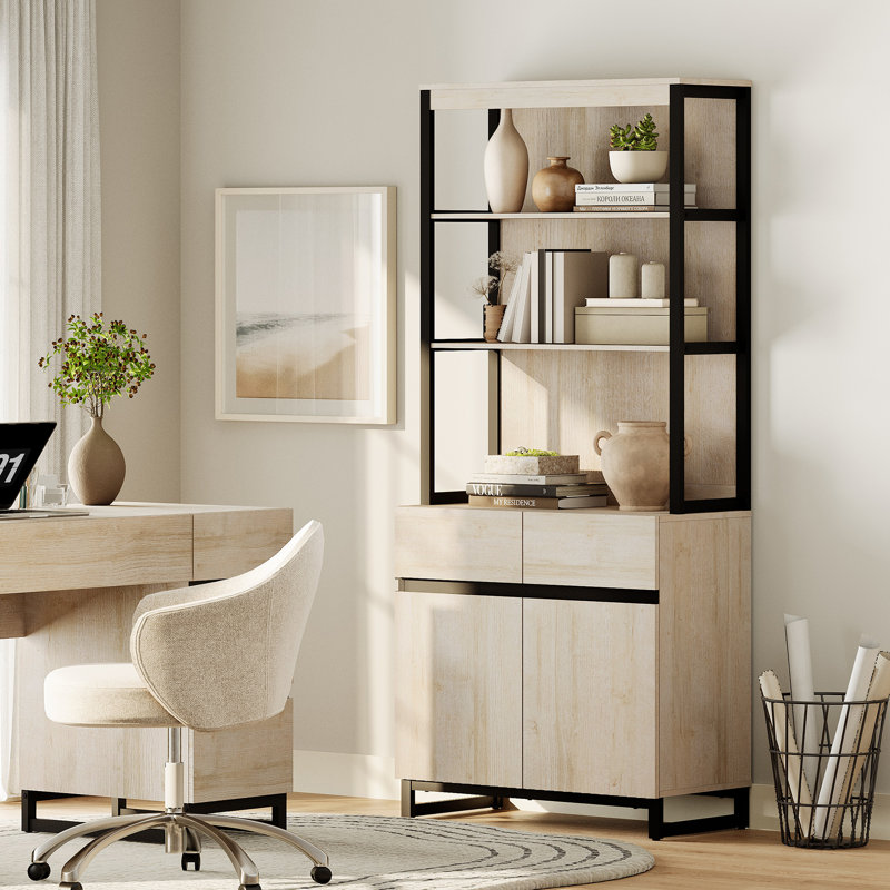 Aadam  Modern 72" Tall Bookcase With Metal Base And Adjustable Shelves, Library Book Shelf With Storage Cabinet And Open Book Shelfs, Wood Bookshelf For Home Office, Living Room