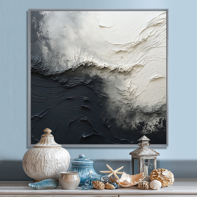 Minimalisme, peinture noire et blanche, vague I - art mural encadré bord de mer, H 36 po x l 36 po x P 1,5 po