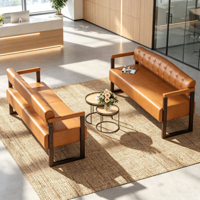 Lot de 2 banquettes d'attente 2 places, canapé de salle d'attente en similicuir capitonné avec garniture cloutée et structure en bois, banquette commerciale pour salon de coiffure ou bureau
