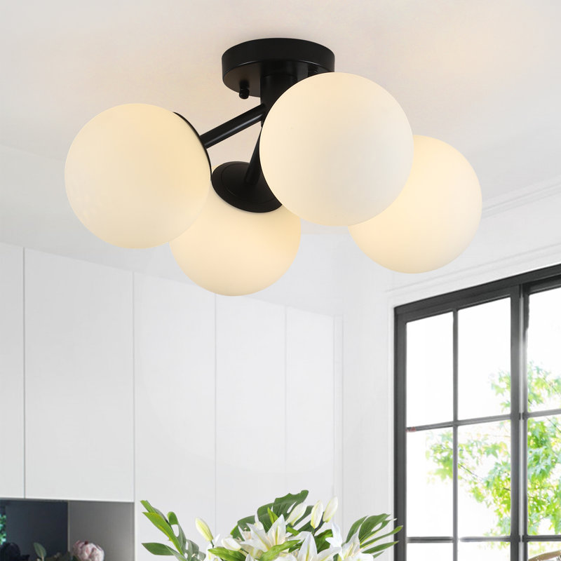 4-light Modern Sputnik Bubble Semi Flush Mount Ceiling Light Opal Glass Globe Shade For Kitchen Island Dining Room Hallway