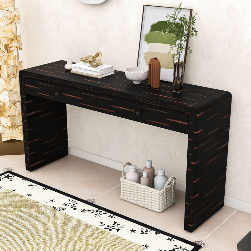 Farmhouse Curved Console Table with 2 Storage Drawers for Living Room, Distressed Black