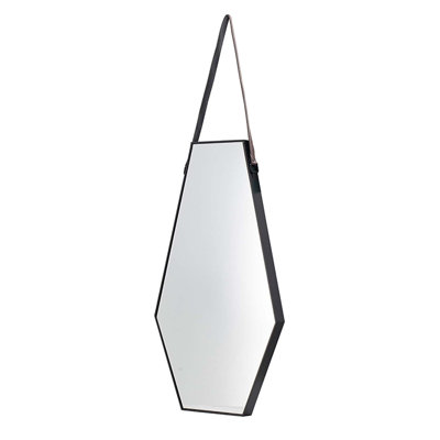 31” x 18” Hexagonal Wall Mirror with Leather Strap Hanger, Art Deco Accent Mirror