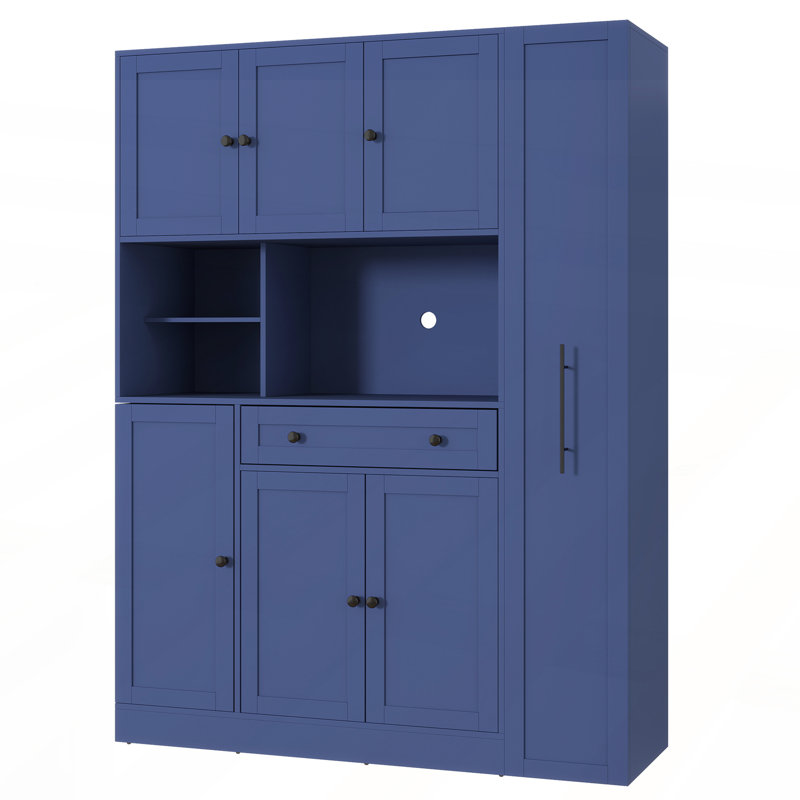 Garde-manger autoportant avec armoire latérale, tablettes de porte et tiroir, Noir, Bleu