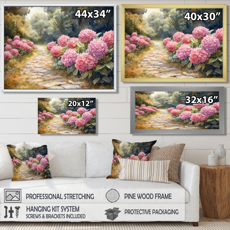 Hydrangeas By The Stone Path I - Hydrangea Wall Art for Living Room, Brun, H 12 po x l 20 po, Impression encadrée flottante
