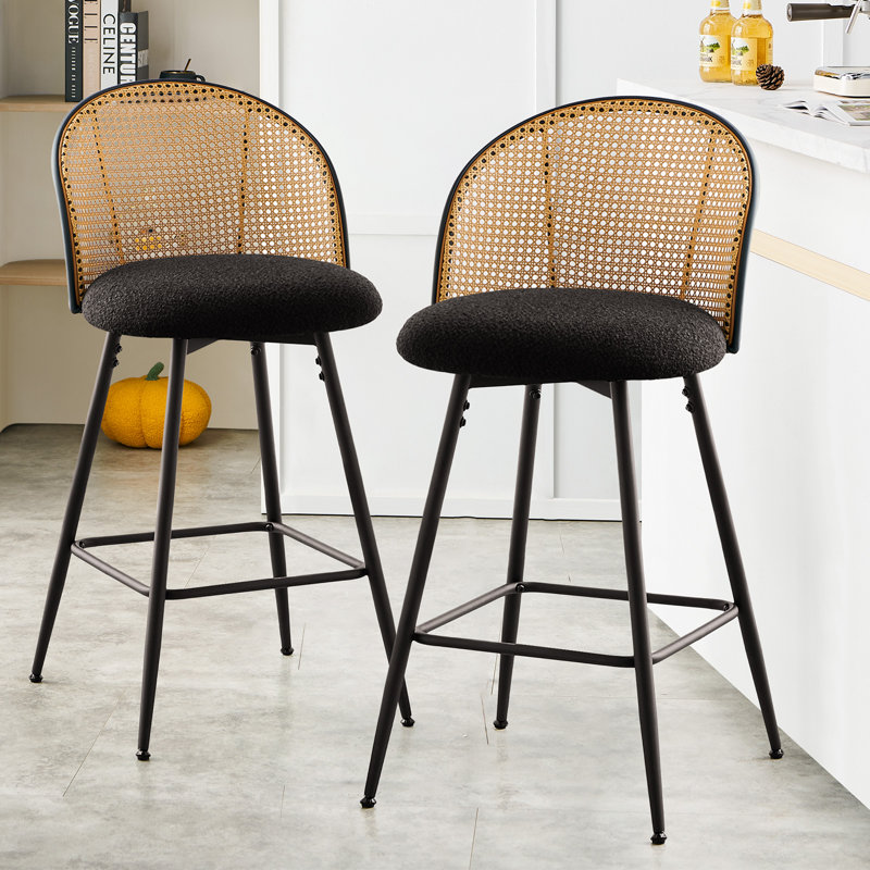 Tabouret de bar et de comptoir pivotant Aansu, Noir / bouclé, Tabouret de comptoir (siège d'une hauteur de 26 p, Noir/naturel