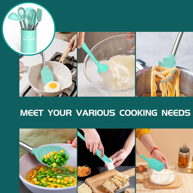 Ensemble de 15 ustensiles de cuisine en silicone et en acier inoxydable, antiadhésifs et résistants à la chaleur, verts.